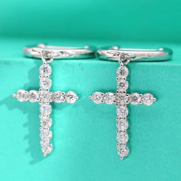 Certified 2mm Moissanite Diamond Cross Huggie Hoop Earrings NEW - Picture 1 of 10